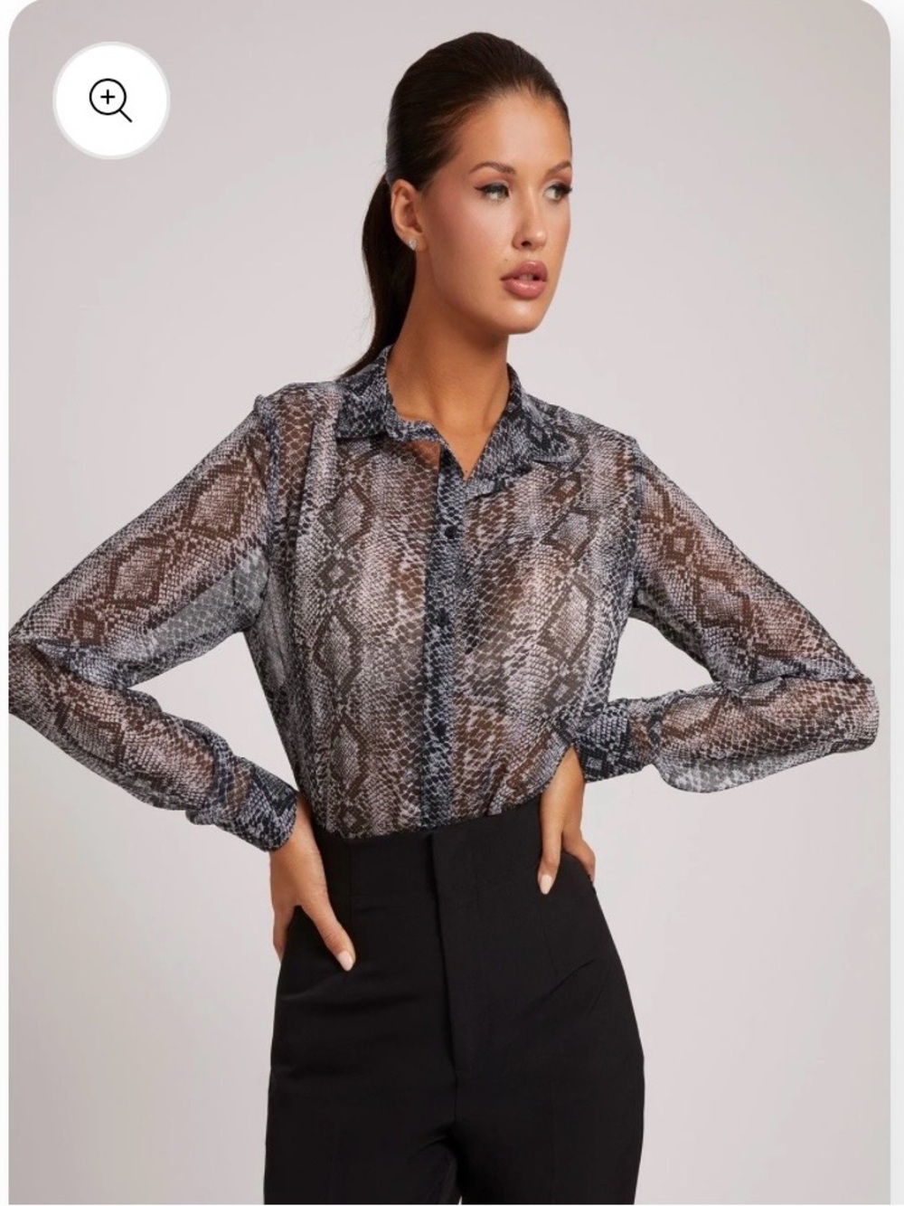 Guess Sheer Snakeskin-Print Button Front Blouse in Gray and Black